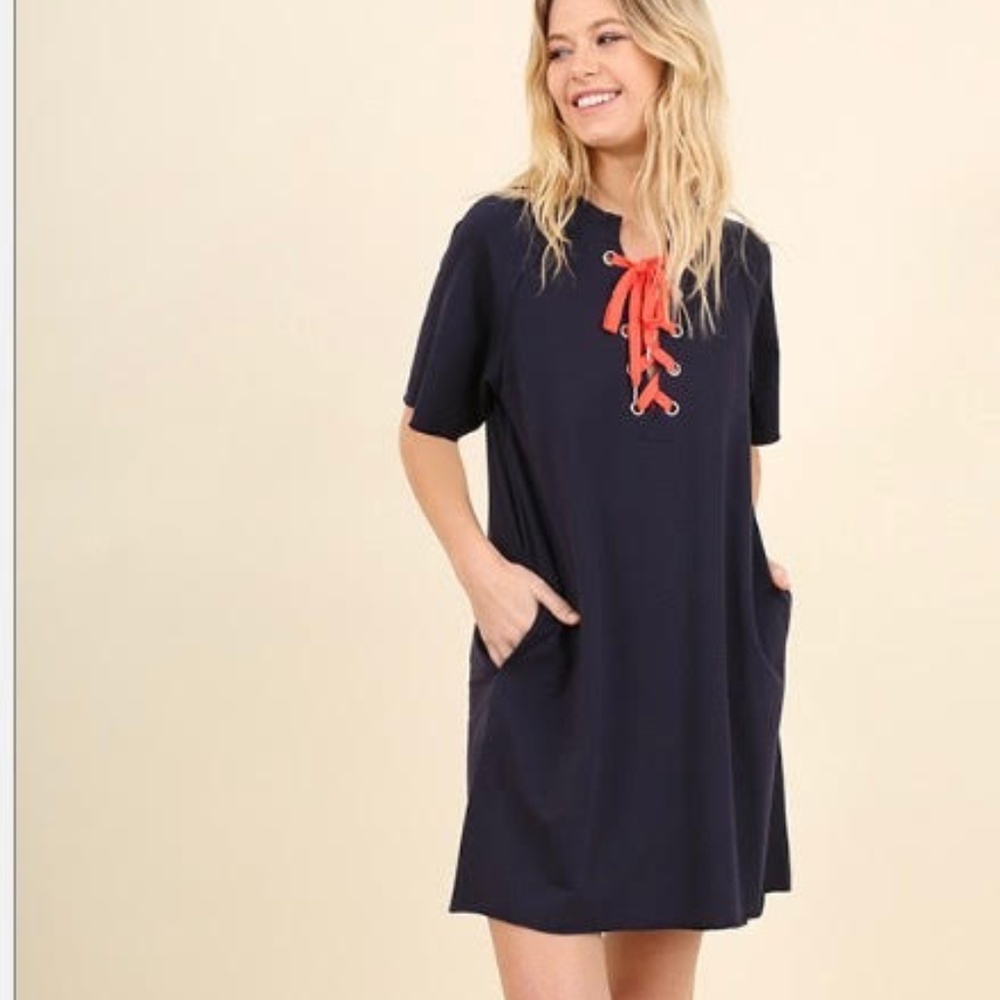 *UMGEE*Navy Blue Dress with Orange Tie and Pockets